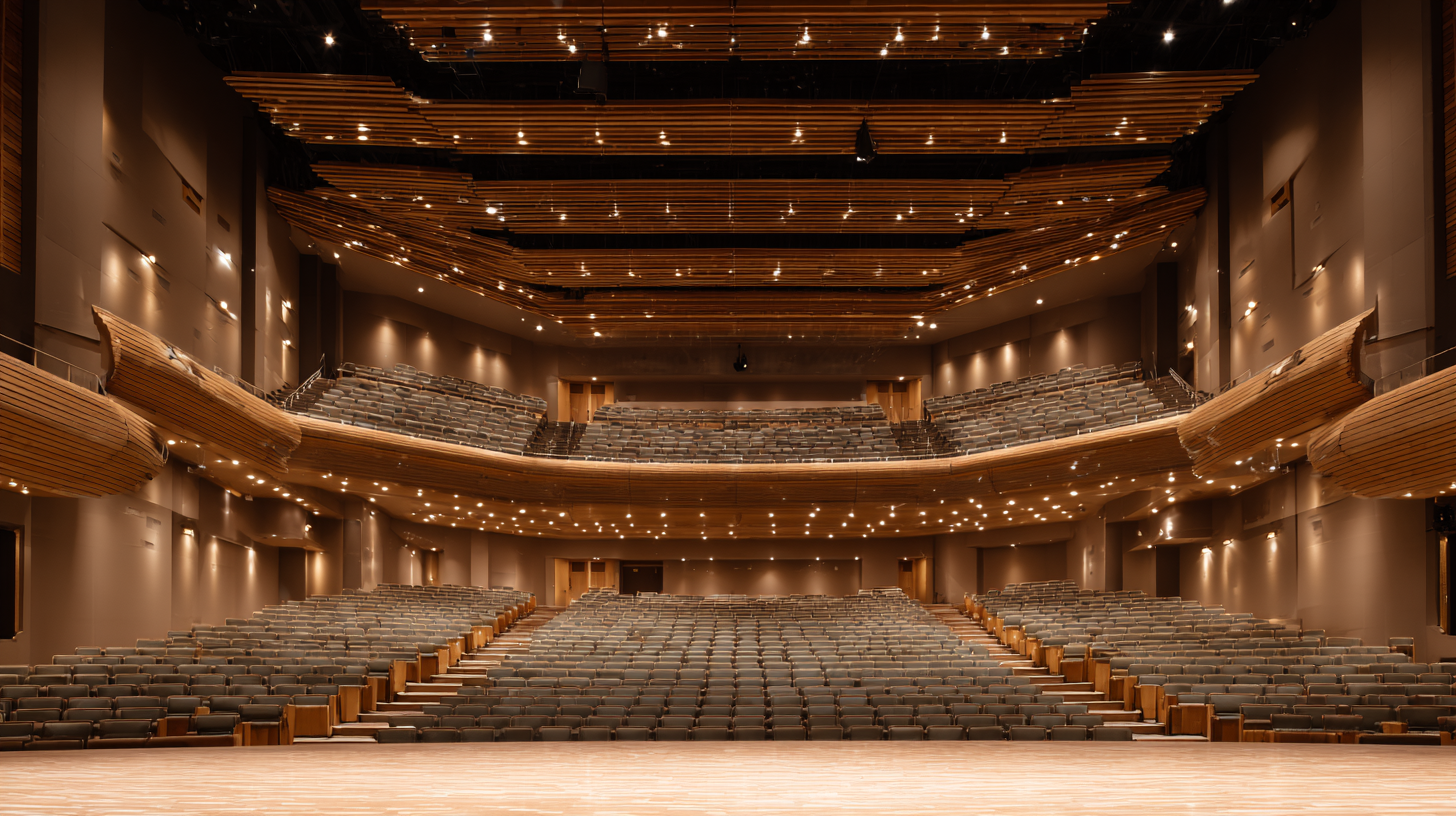 Auditorium interior with balcony seating and acoustic ceiling panels